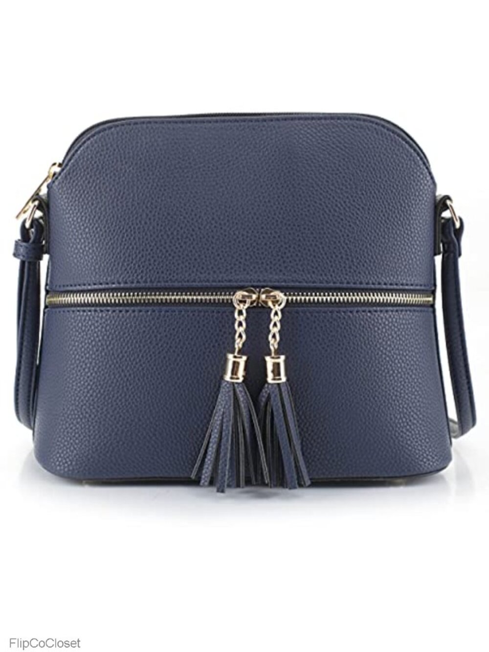 Vegan PU Leather Dome Crossbody Bag Tassel Zipper Pockets Adjustable Strap